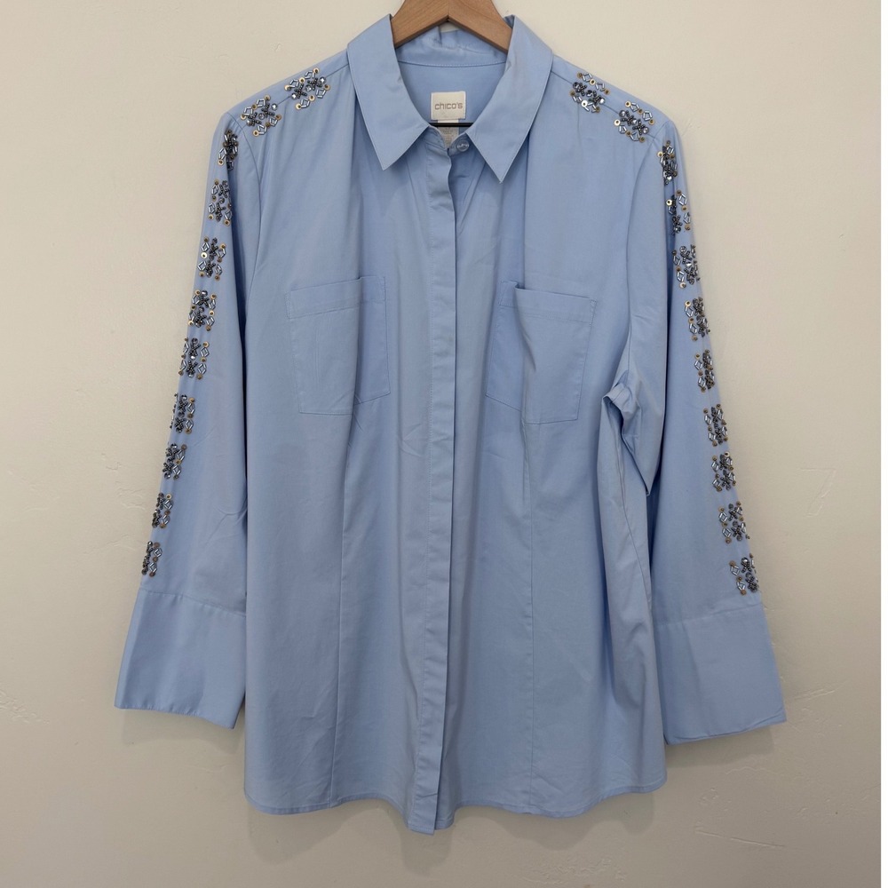 Chico's Embellished Sleeve Button Down Shirt Blue XL Size 3 Beaded Blouse Office